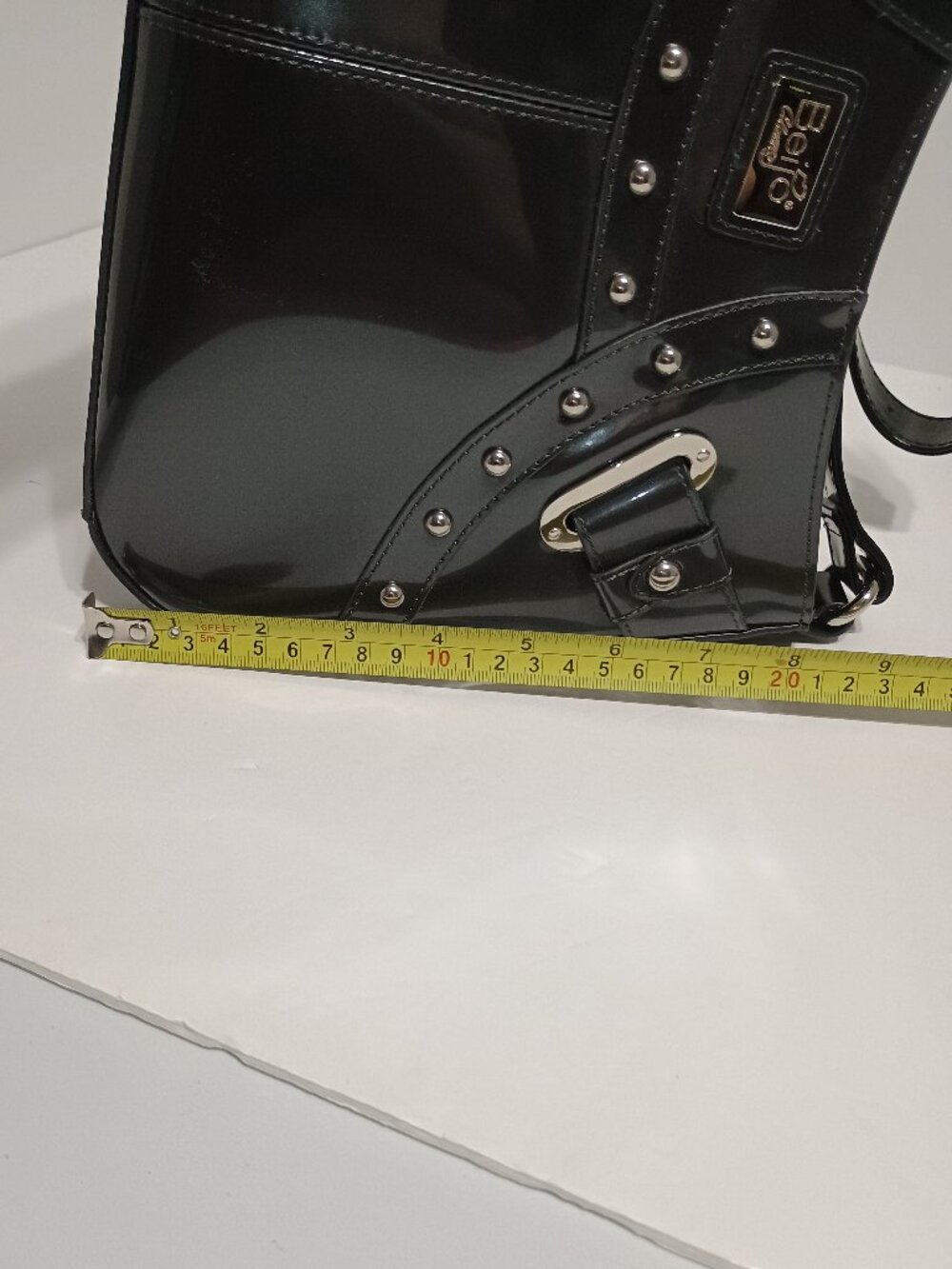 Beijo Classic Black Patent Leather Look Studded Shoulder Bag Y2K Buckle Accent - Picture 11 of 12
